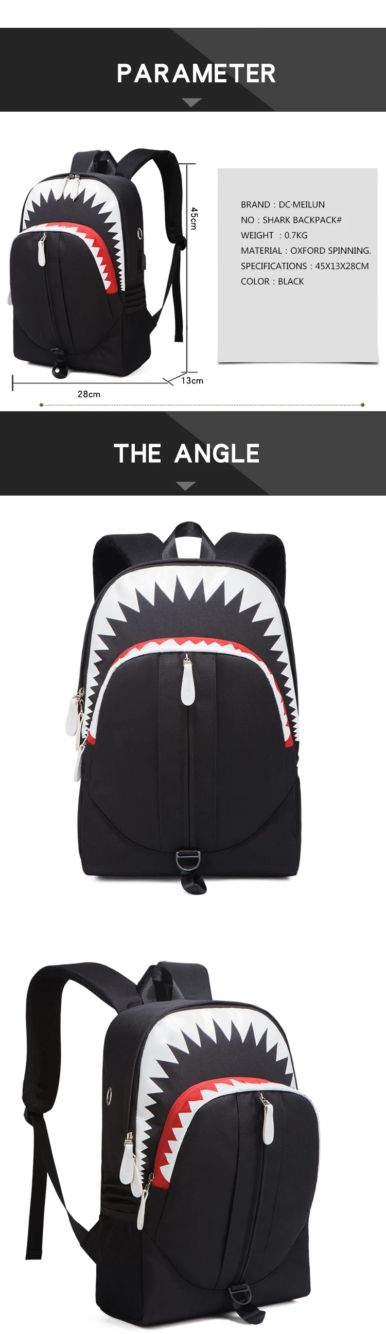 Fashion Backpack USB Charging Night Luminous Shark Laptop Backpack Students Chest Bag Teenagers School Bags Travel Bag