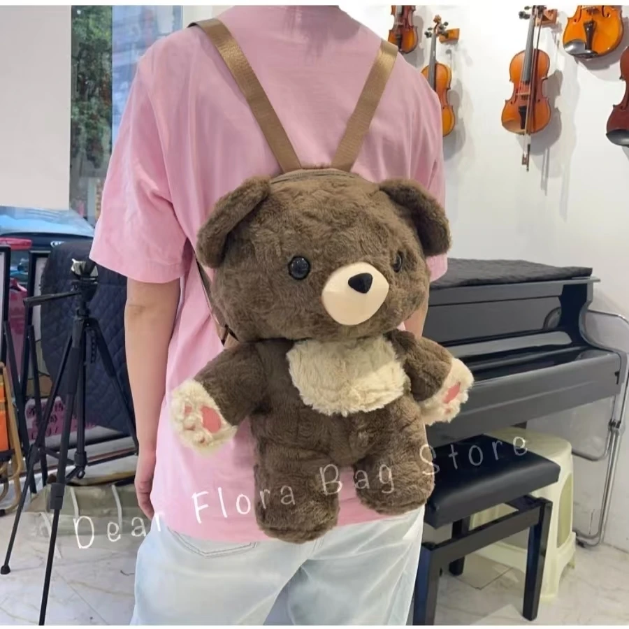 Y2k Cute Plush Brown Bear Backpack Kawaii Soft Animal Knapsack High Quality Lolita Furry Shoulder Bag Fashion Girl Birthday Gift