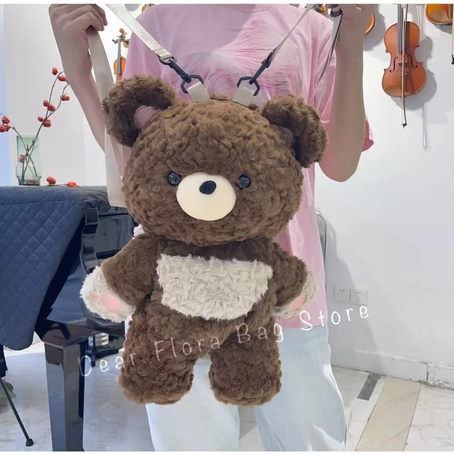 Y2k Cute Plush Brown Bear Backpack Kawaii Soft Animal Knapsack High Quality Lolita Furry Shoulder Bag Fashion Girl Birthday Gift