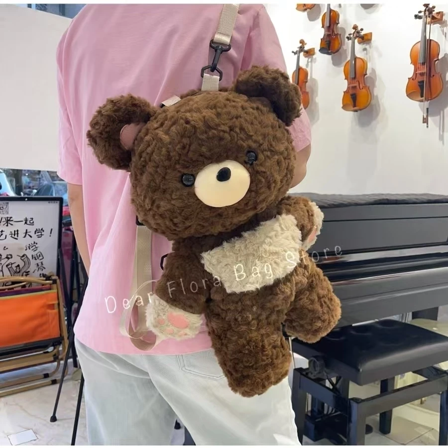 Y2k Cute Plush Brown Bear Backpack Kawaii Soft Animal Knapsack High Quality Lolita Furry Shoulder Bag Fashion Girl Birthday Gift