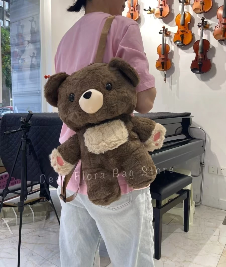 Y2k Cute Plush Brown Bear Backpack Kawaii Soft Animal Knapsack High Quality Lolita Furry Shoulder Bag Fashion Girl Birthday Gift