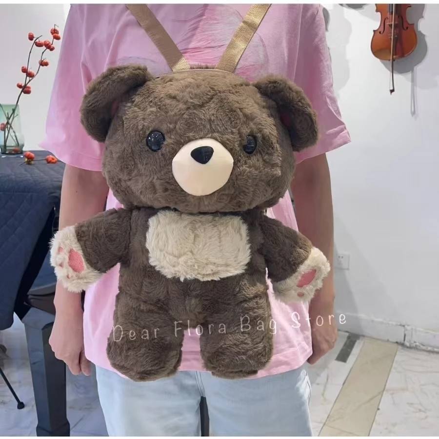 Y2k Cute Plush Brown Bear Backpack Kawaii Soft Animal Knapsack High Quality Lolita Furry Shoulder Bag Fashion Girl Birthday Gift