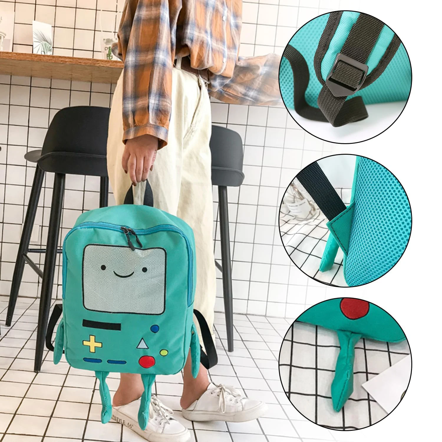 Cartoon Robot Travel Laptop Cute Backpack Blue PU Robot Animal Finn Jake Adventure Trip Backpack Water Resistant College Bag