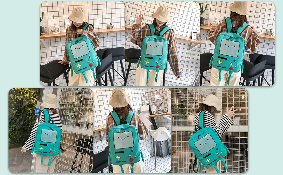 Cartoon Robot Travel Laptop Cute Backpack Blue PU Robot Animal Finn Jake Adventure Trip Backpack Water Resistant College Bag