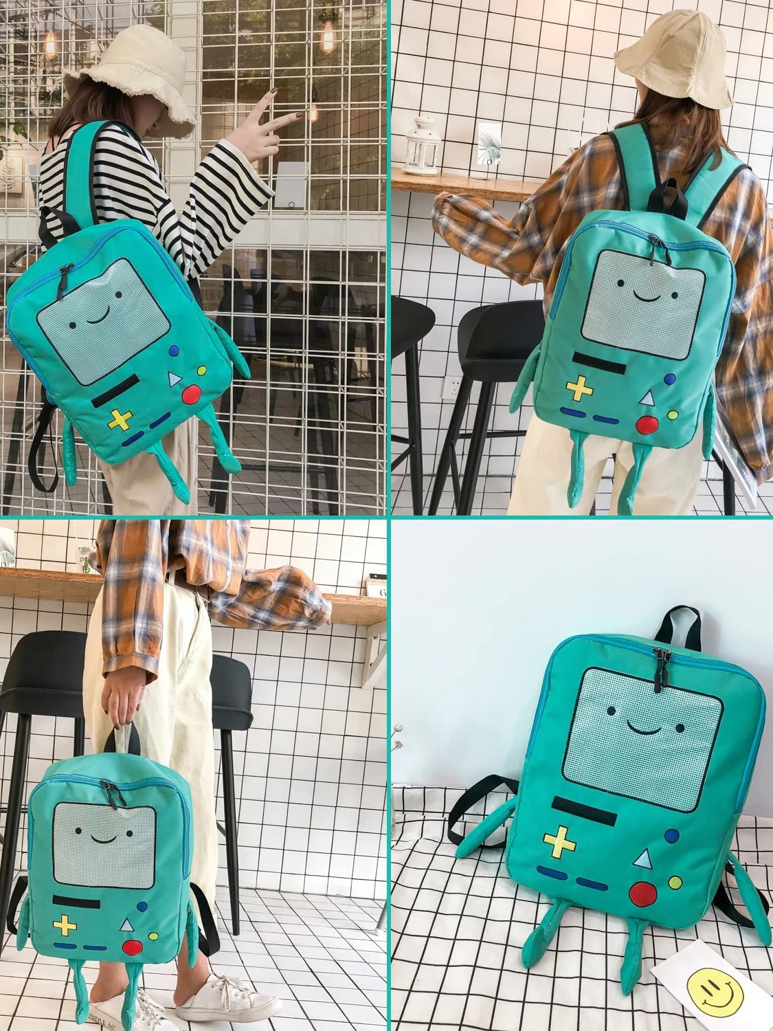 Cartoon Robot Travel Laptop Cute Backpack Blue PU Robot Animal Finn Jake Adventure Trip Backpack Water Resistant College Bag