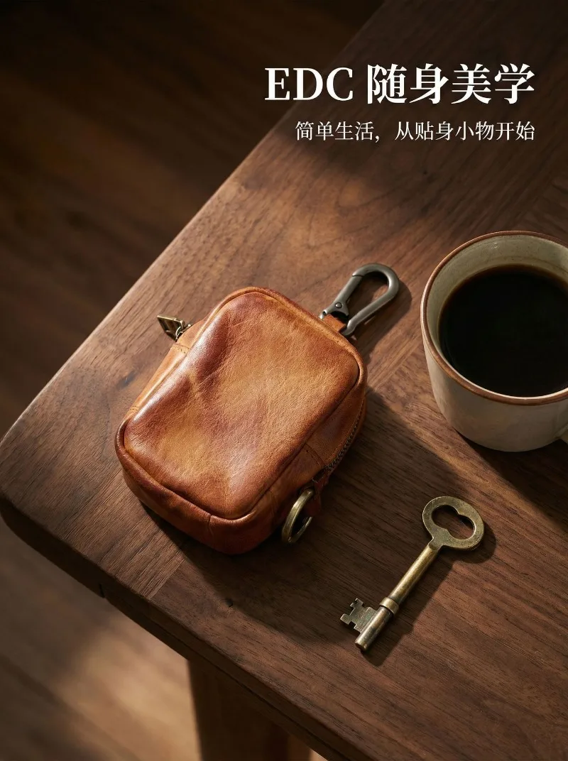 Men's Coin Purse, Genuine Leather Mini Coin Wallet Zipper Pocket with Back Belt Loop, Lightweight Keychain Pouch for Men