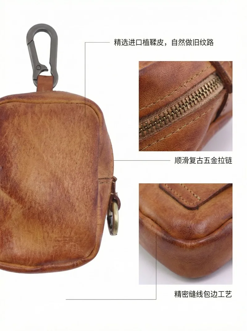 Men's Coin Purse, Genuine Leather Mini Coin Wallet Zipper Pocket with Back Belt Loop, Lightweight Keychain Pouch for Men