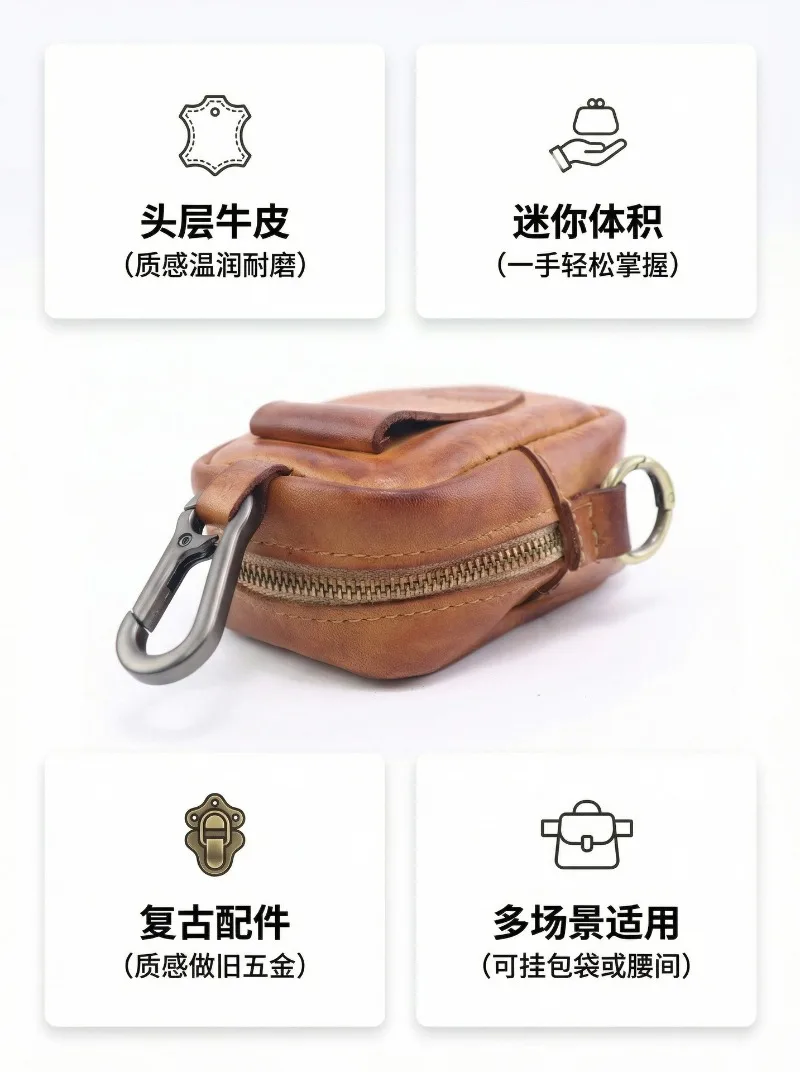 Men's Coin Purse, Genuine Leather Mini Coin Wallet Zipper Pocket with Back Belt Loop, Lightweight Keychain Pouch for Men
