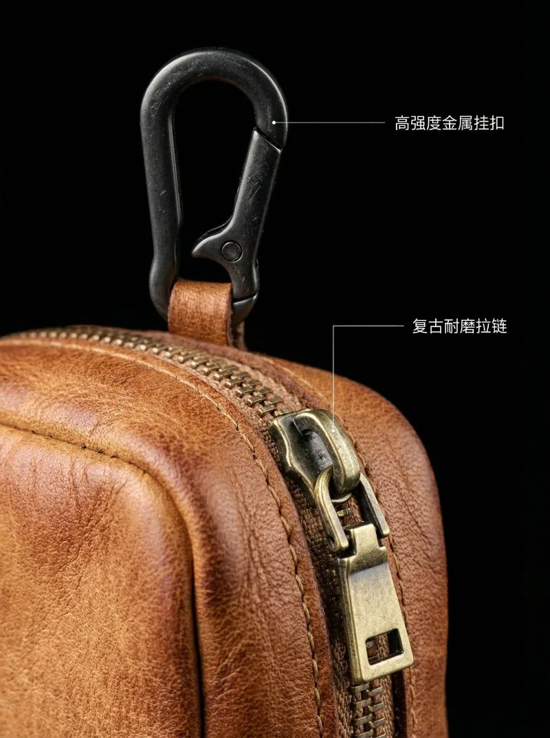 Men's Coin Purse, Genuine Leather Mini Coin Wallet Zipper Pocket with Back Belt Loop, Lightweight Keychain Pouch for Men