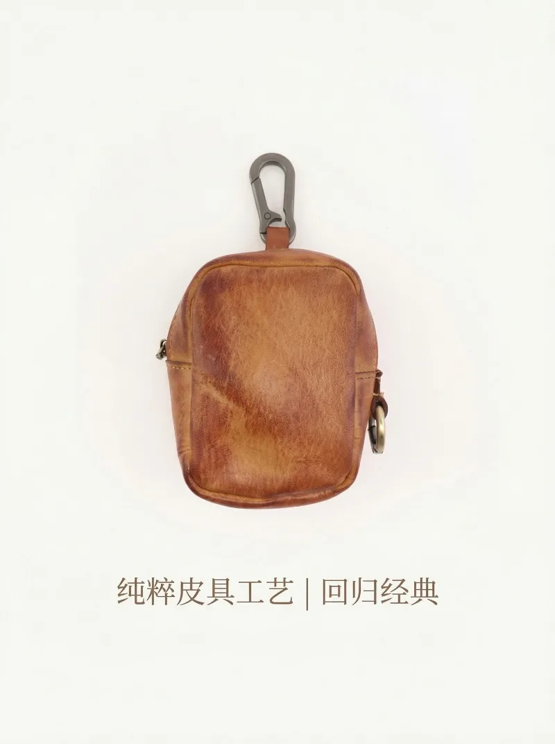 Men's Coin Purse, Genuine Leather Mini Coin Wallet Zipper Pocket with Back Belt Loop, Lightweight Keychain Pouch for Men