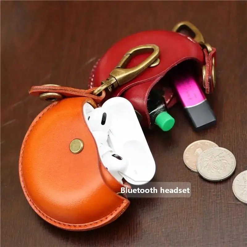 Handcrafted Storage Bags, Genuine Leather Small Round Bags, Portable and Creative Bluetooth Earphone Cases, High-End Gift Boxes,