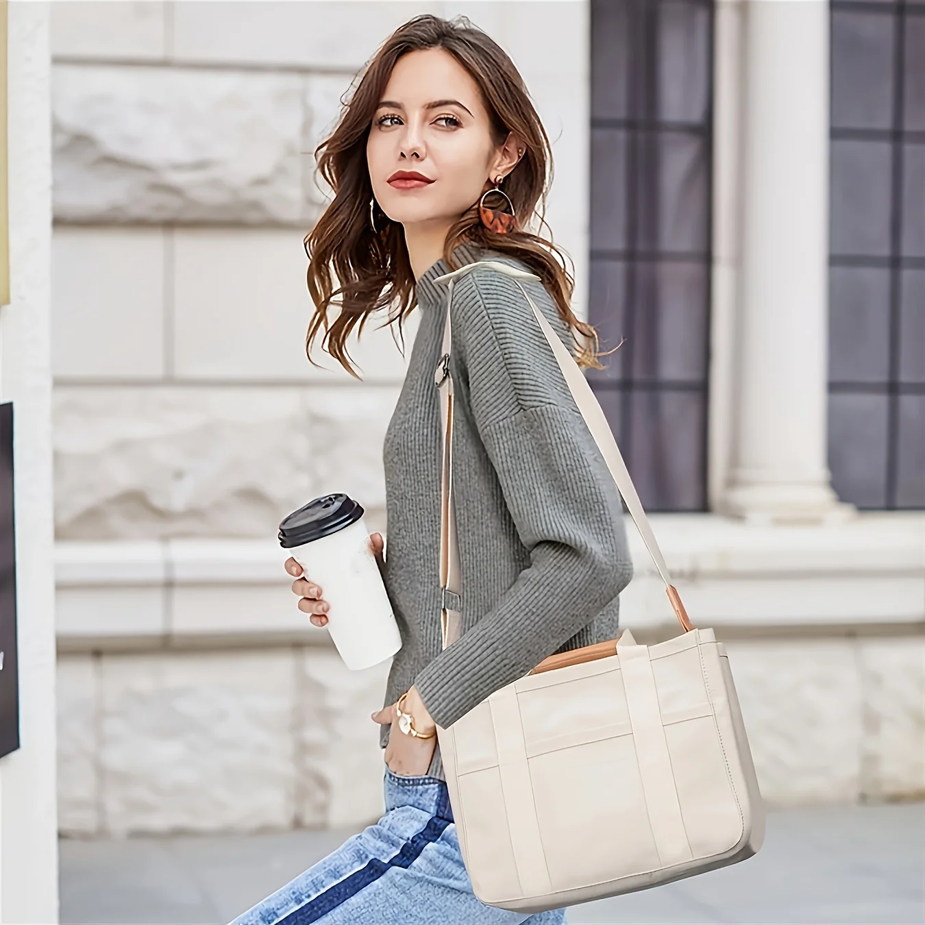 Fashionable White Women's Shoulder Bag, Large Capacity Handbag, Multifunctional Multi Compartment Storage Bags