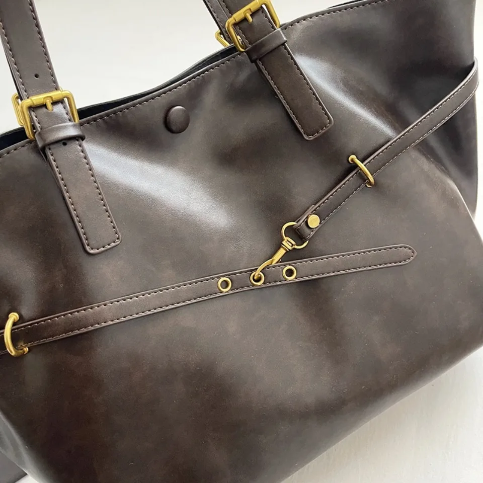 Vintage Oil-Waxed Pu Leather Tote Shoulder Bag Large Capacity with Decorative Belt for Work Travel 16-inch Laptop A4 Documents