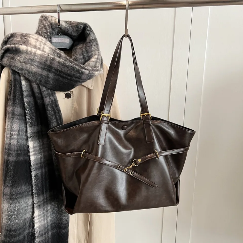 Vintage Oil-Waxed Pu Leather Tote Shoulder Bag Large Capacity with Decorative Belt for Work Travel 16-inch Laptop A4 Documents