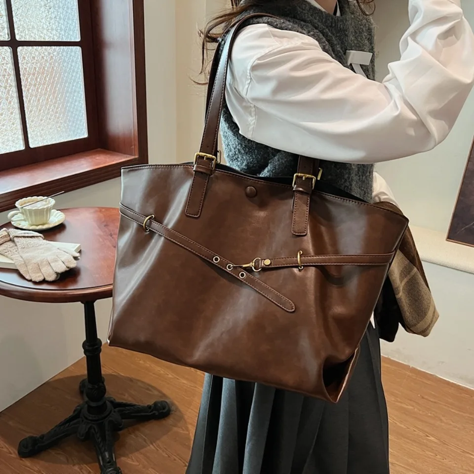 Vintage Oil-Waxed Pu Leather Tote Shoulder Bag Large Capacity with Decorative Belt for Work Travel 16-inch Laptop A4 Documents