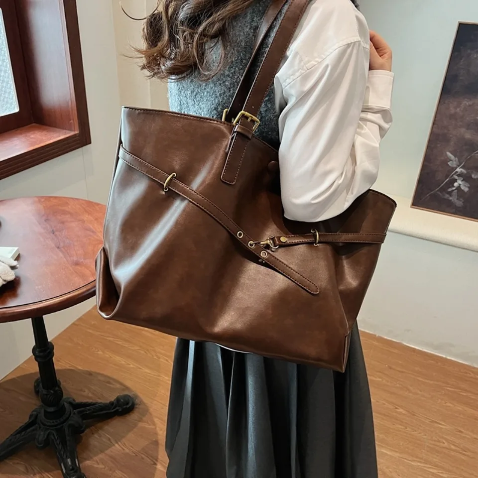 Vintage Oil-Waxed Pu Leather Tote Shoulder Bag Large Capacity with Decorative Belt for Work Travel 16-inch Laptop A4 Documents