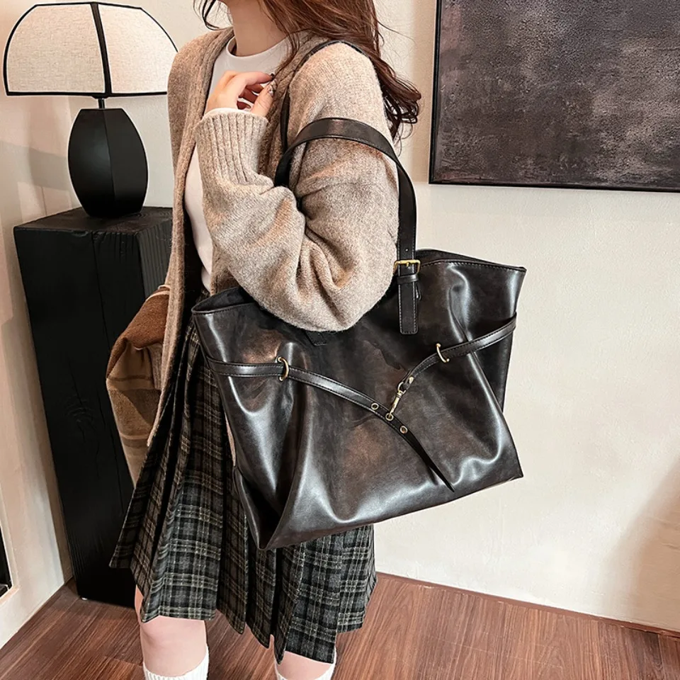Vintage Oil-Waxed Pu Leather Tote Shoulder Bag Large Capacity with Decorative Belt for Work Travel 16-inch Laptop A4 Documents