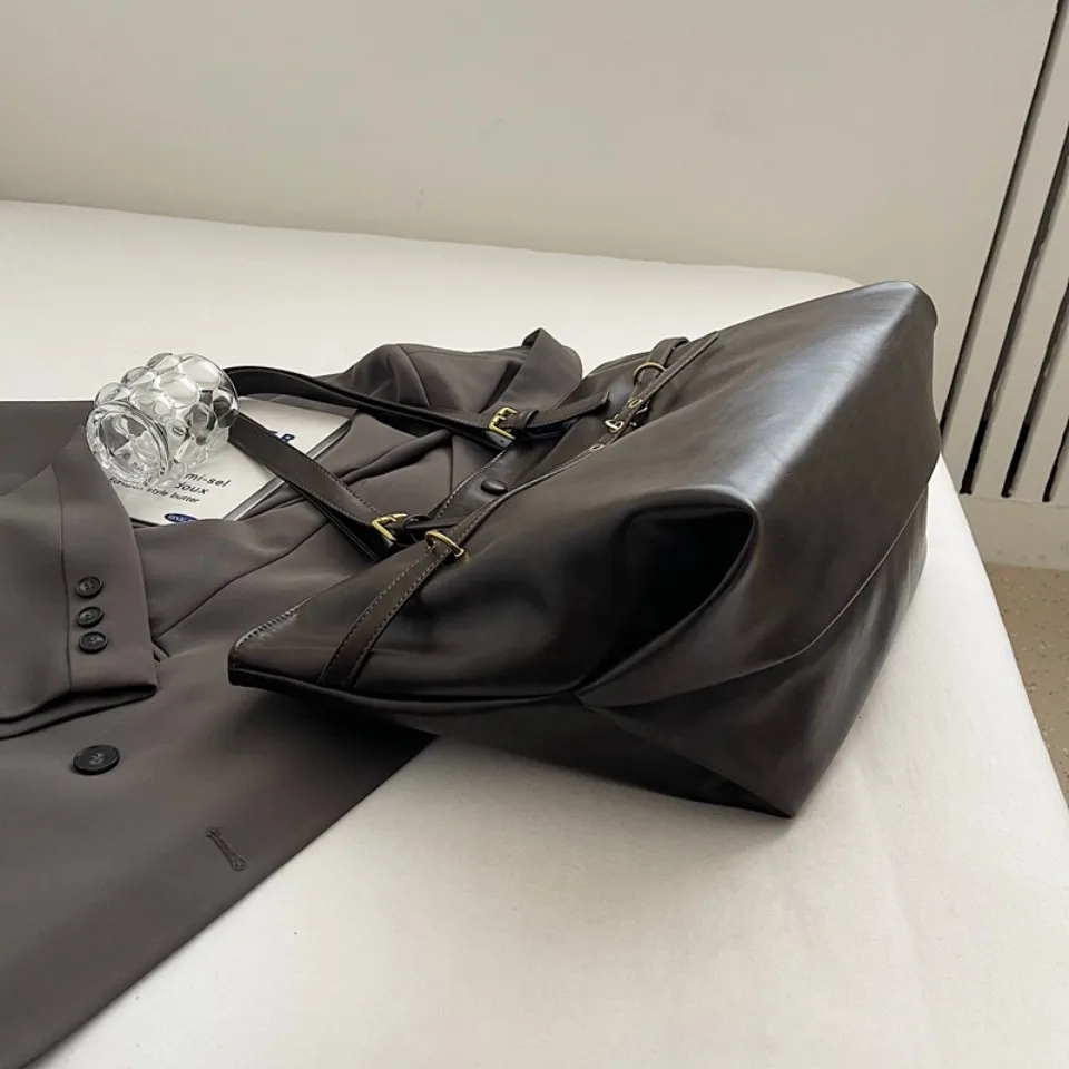 Vintage Oil-Waxed Pu Leather Tote Shoulder Bag Large Capacity with Decorative Belt for Work Travel 16-inch Laptop A4 Documents