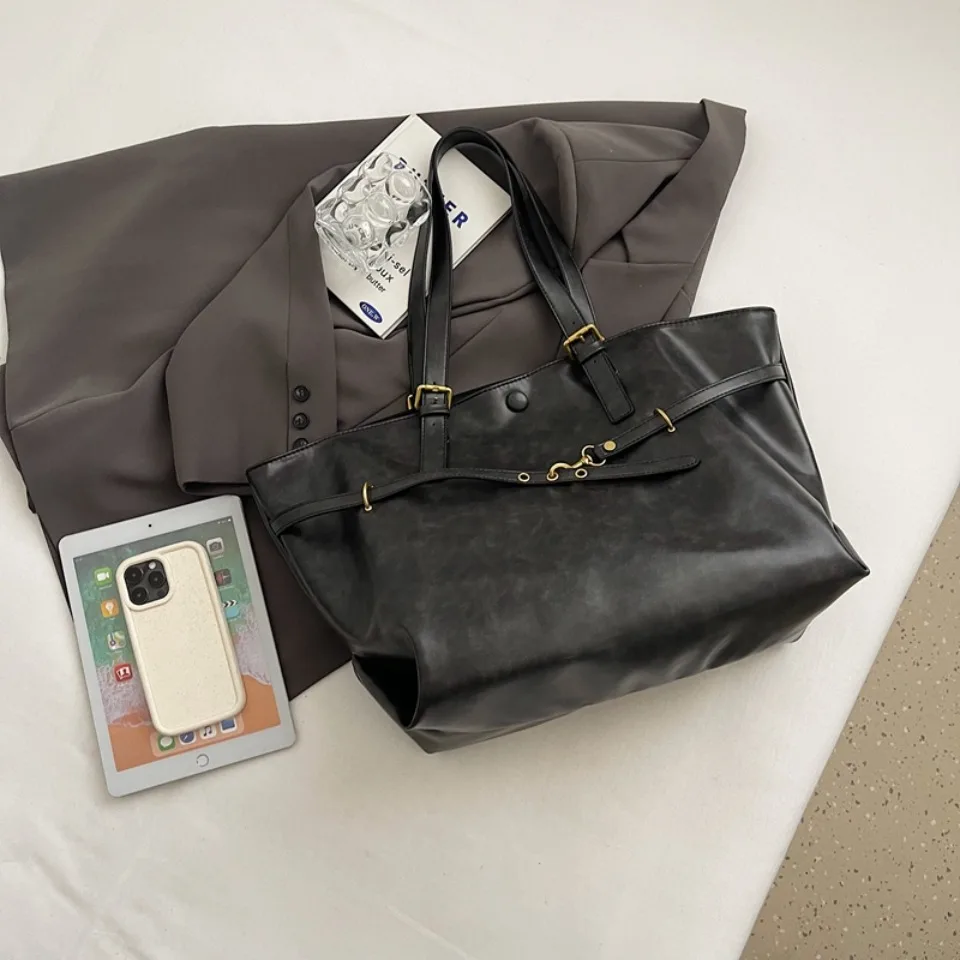 Vintage Oil-Waxed Pu Leather Tote Shoulder Bag Large Capacity with Decorative Belt for Work Travel 16-inch Laptop A4 Documents