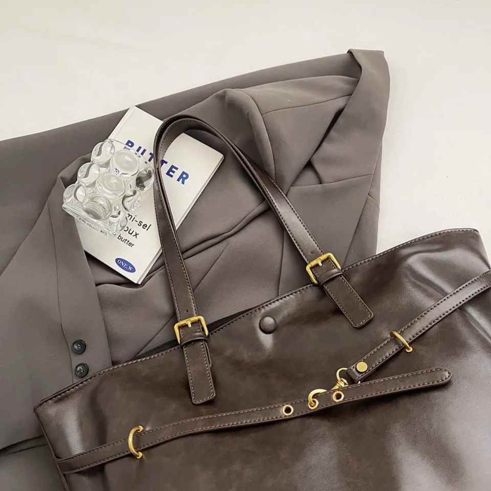 Vintage Oil-Waxed Pu Leather Tote Shoulder Bag Large Capacity with Decorative Belt for Work Travel 16-inch Laptop A4 Documents