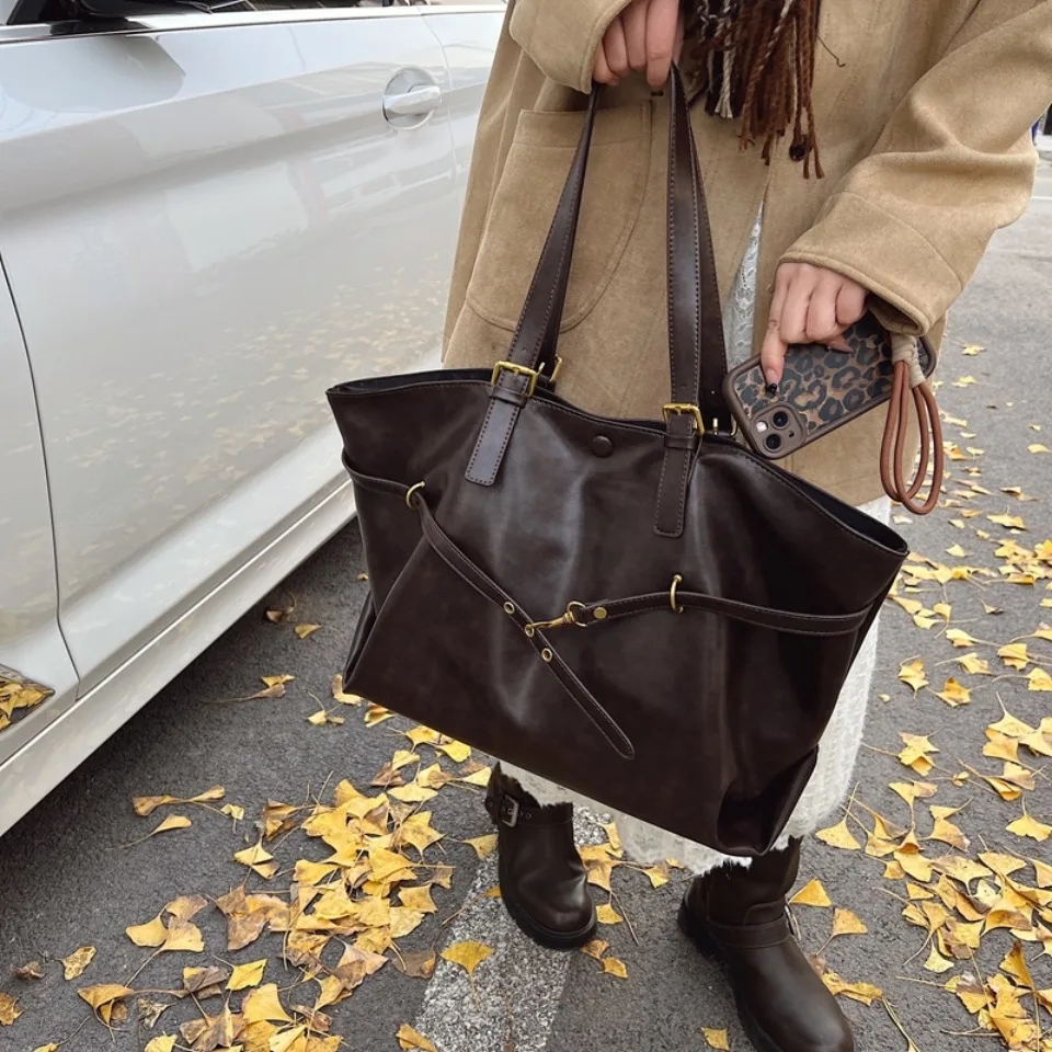 Vintage Oil-Waxed Pu Leather Tote Shoulder Bag Large Capacity with Decorative Belt for Work Travel 16-inch Laptop A4 Documents