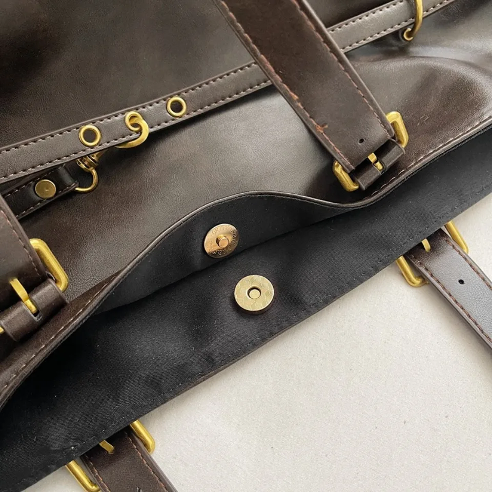 Vintage Oil-Waxed Pu Leather Tote Shoulder Bag Large Capacity with Decorative Belt for Work Travel 16-inch Laptop A4 Documents