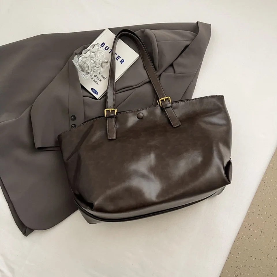 Vintage Oil-Waxed Pu Leather Tote Shoulder Bag Large Capacity with Decorative Belt for Work Travel 16-inch Laptop A4 Documents