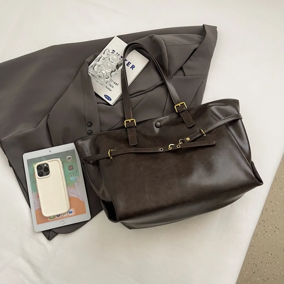 Vintage Oil-Waxed Pu Leather Tote Shoulder Bag Large Capacity with Decorative Belt for Work Travel 16-inch Laptop A4 Documents