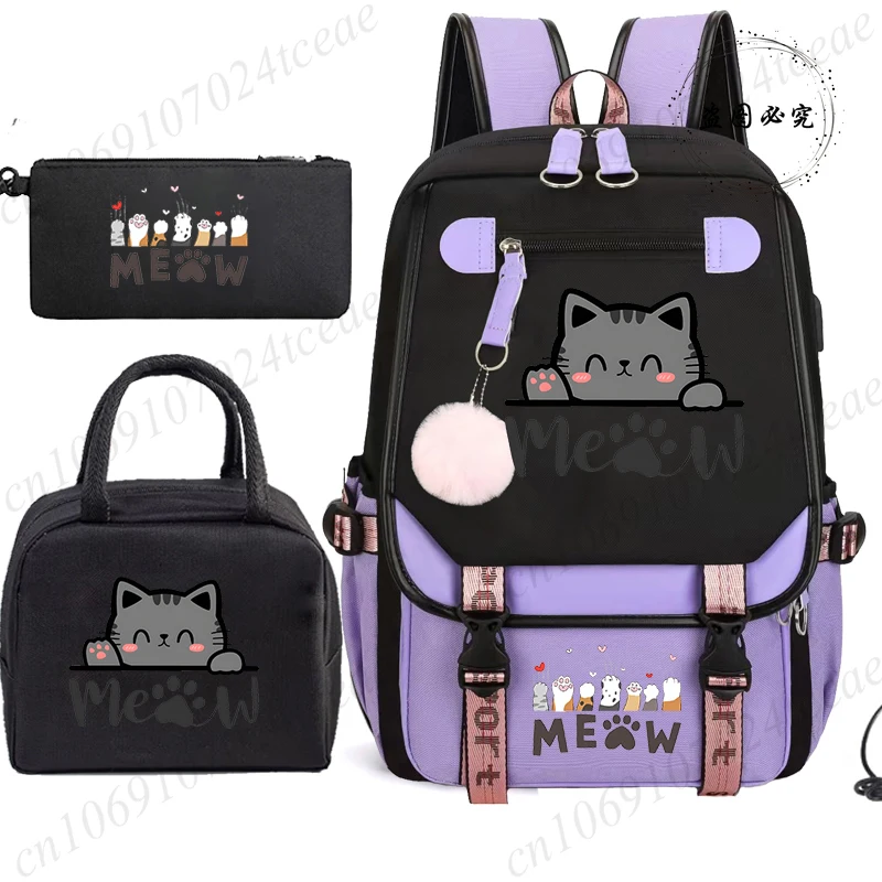 Teenager School Backpack for Students Daily Bagpack Backpacks for Girl Black Cat Cartoon School Bag with Pen Lunch Bags 3pcs/set