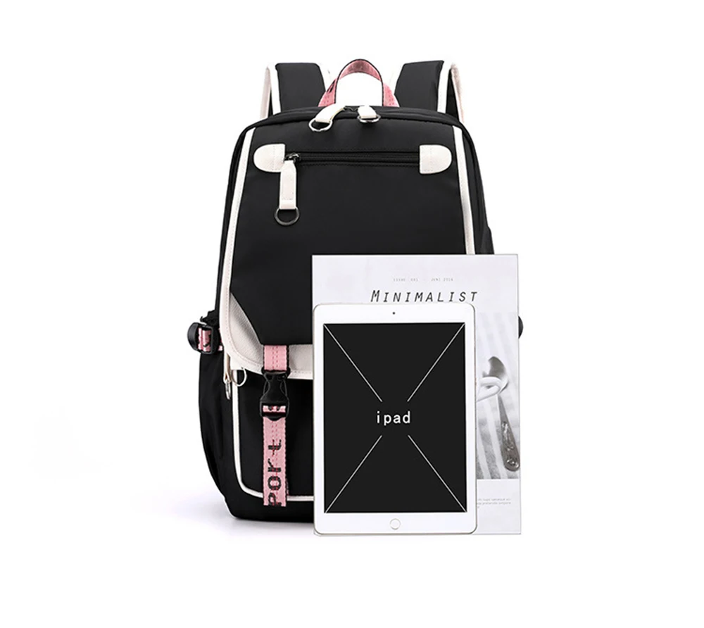 Teenager School Backpack for Students Daily Bagpack Backpacks for Girl Black Cat Cartoon School Bag with Pen Lunch Bags 3pcs/set