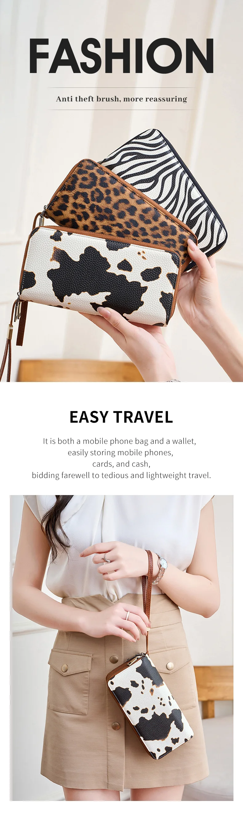 MIYIN Retro RFID Anti-theft Tri-fold Wallet Leopard Print Large Capacity Double Zipper Handbag Women's Clutch with Wrist Strap