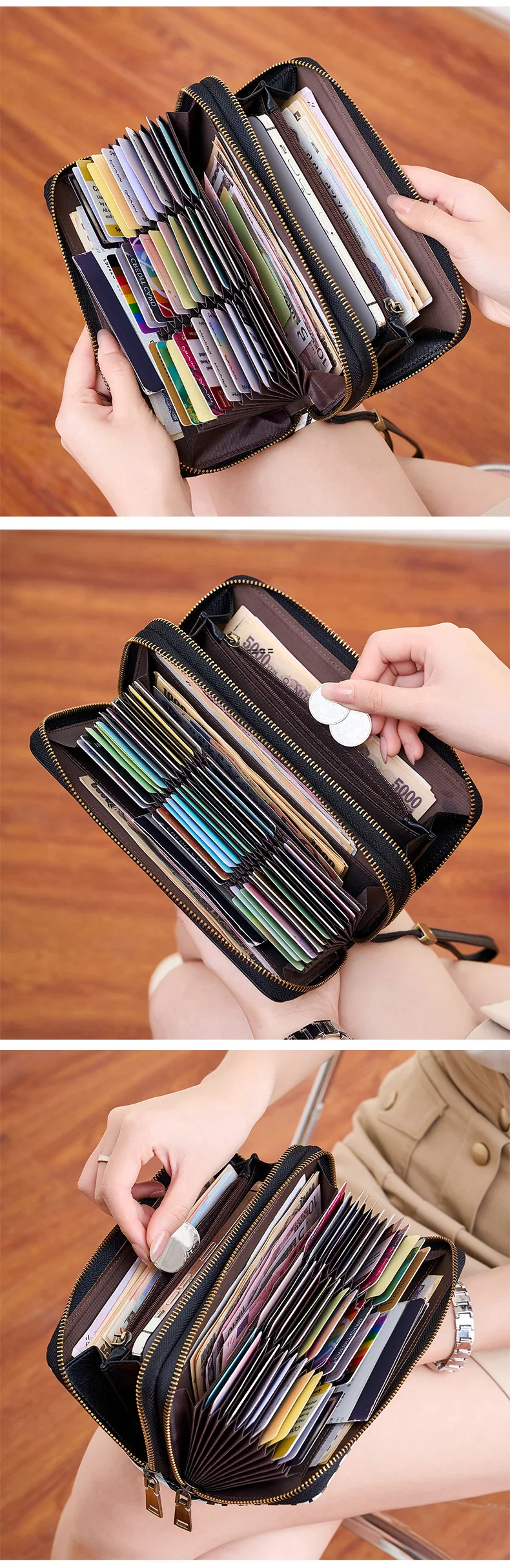 MIYIN Retro RFID Anti-theft Tri-fold Wallet Leopard Print Large Capacity Double Zipper Handbag Women's Clutch with Wrist Strap