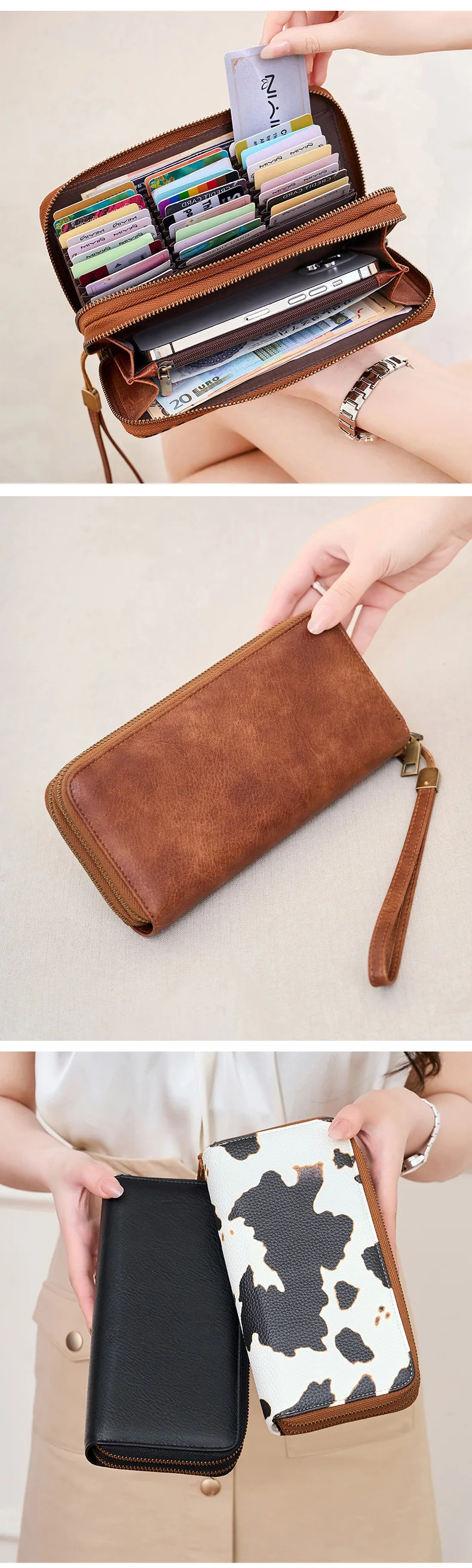 MIYIN Retro RFID Anti-theft Tri-fold Wallet Leopard Print Large Capacity Double Zipper Handbag Women's Clutch with Wrist Strap