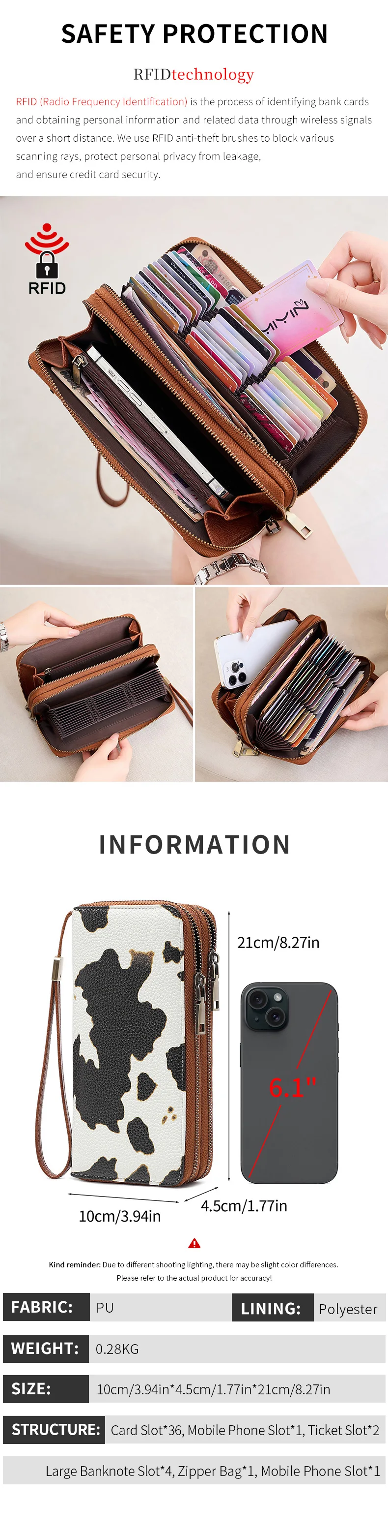 MIYIN Retro RFID Anti-theft Tri-fold Wallet Leopard Print Large Capacity Double Zipper Handbag Women's Clutch with Wrist Strap