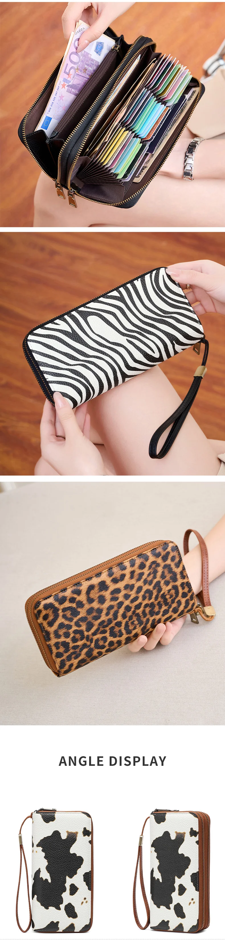 MIYIN Retro RFID Anti-theft Tri-fold Wallet Leopard Print Large Capacity Double Zipper Handbag Women's Clutch with Wrist Strap