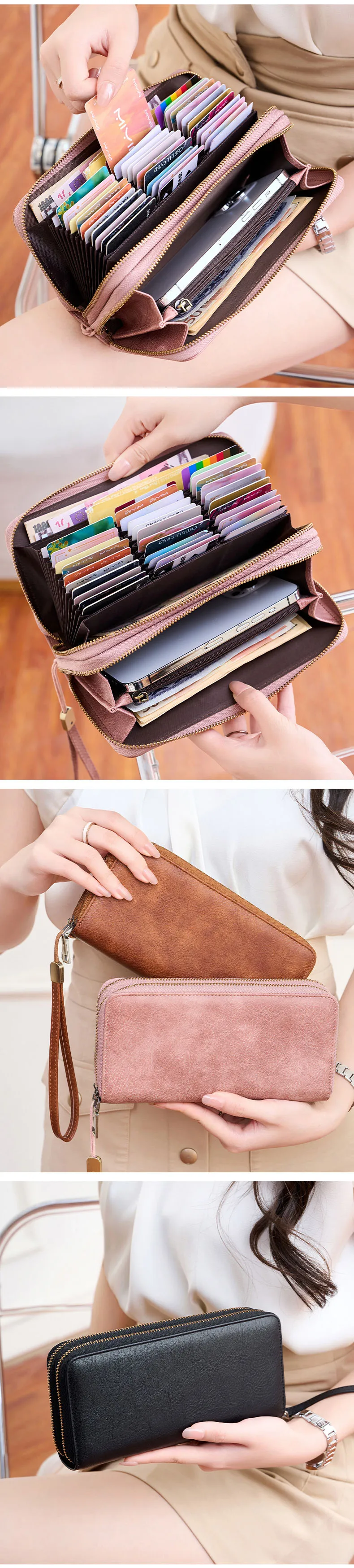 MIYIN Retro RFID Anti-theft Tri-fold Wallet Leopard Print Large Capacity Double Zipper Handbag Women's Clutch with Wrist Strap