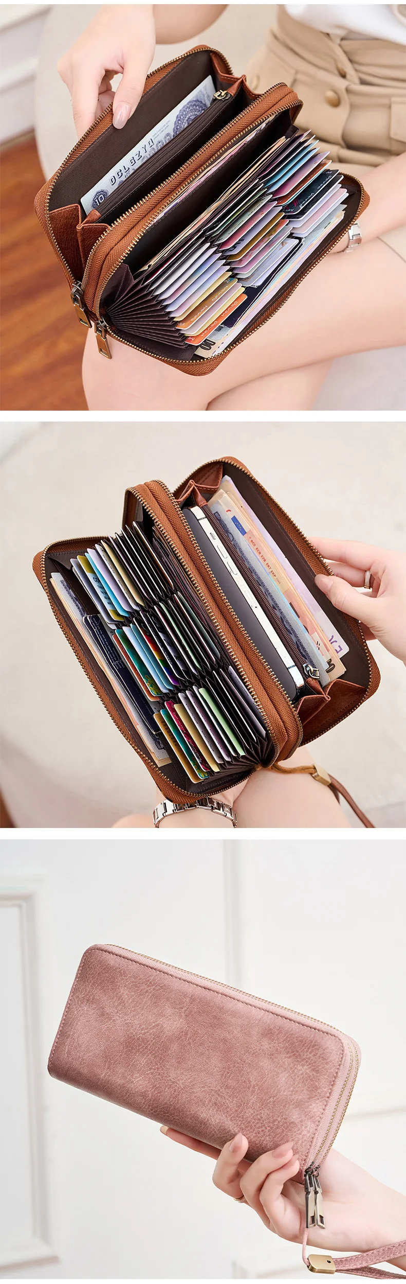 MIYIN Retro RFID Anti-theft Tri-fold Wallet Leopard Print Large Capacity Double Zipper Handbag Women's Clutch with Wrist Strap