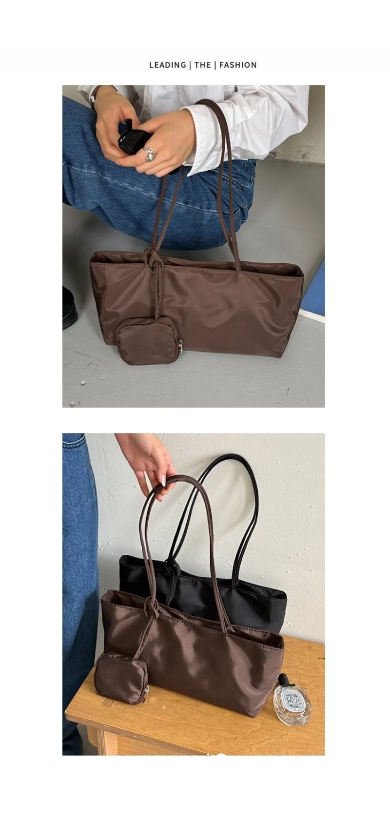 CEEKAY Women's Tote Bag Dark Soft PU Leather Large Shoulder Handbag Drawstring Detail with Mini Pouch Daily Casual Commute Style