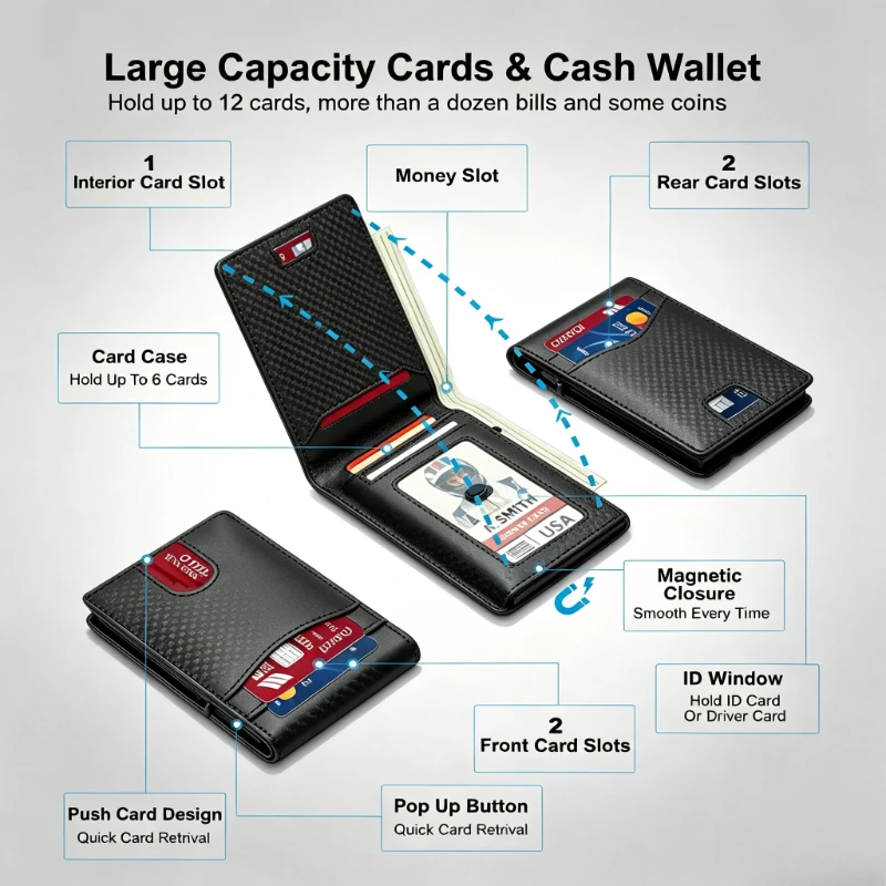 Men's RFID Blocking Wallet Slim Pop-Up Credit Card Holder Carbon Fiber Pattern Business Wallet Minimalist Card Wallet for Men