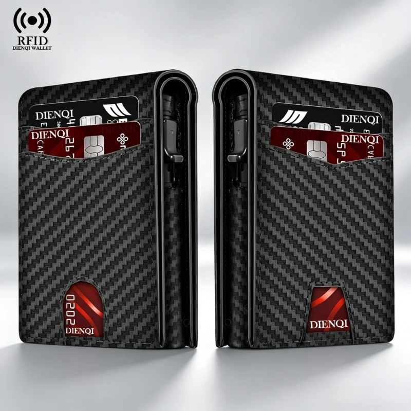 Men's RFID Blocking Wallet Slim Pop-Up Credit Card Holder Carbon Fiber Pattern Business Wallet Minimalist Card Wallet for Men
