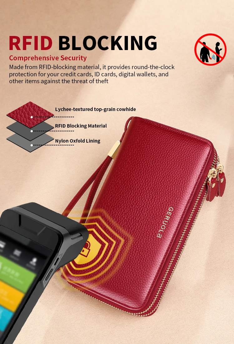 GERUOLA Genuine Leather Wallet with Wrist Strap - Anti-Theft RFID Blocking, Zippered Coin Pocket, Credit Card Slots & ID Holder