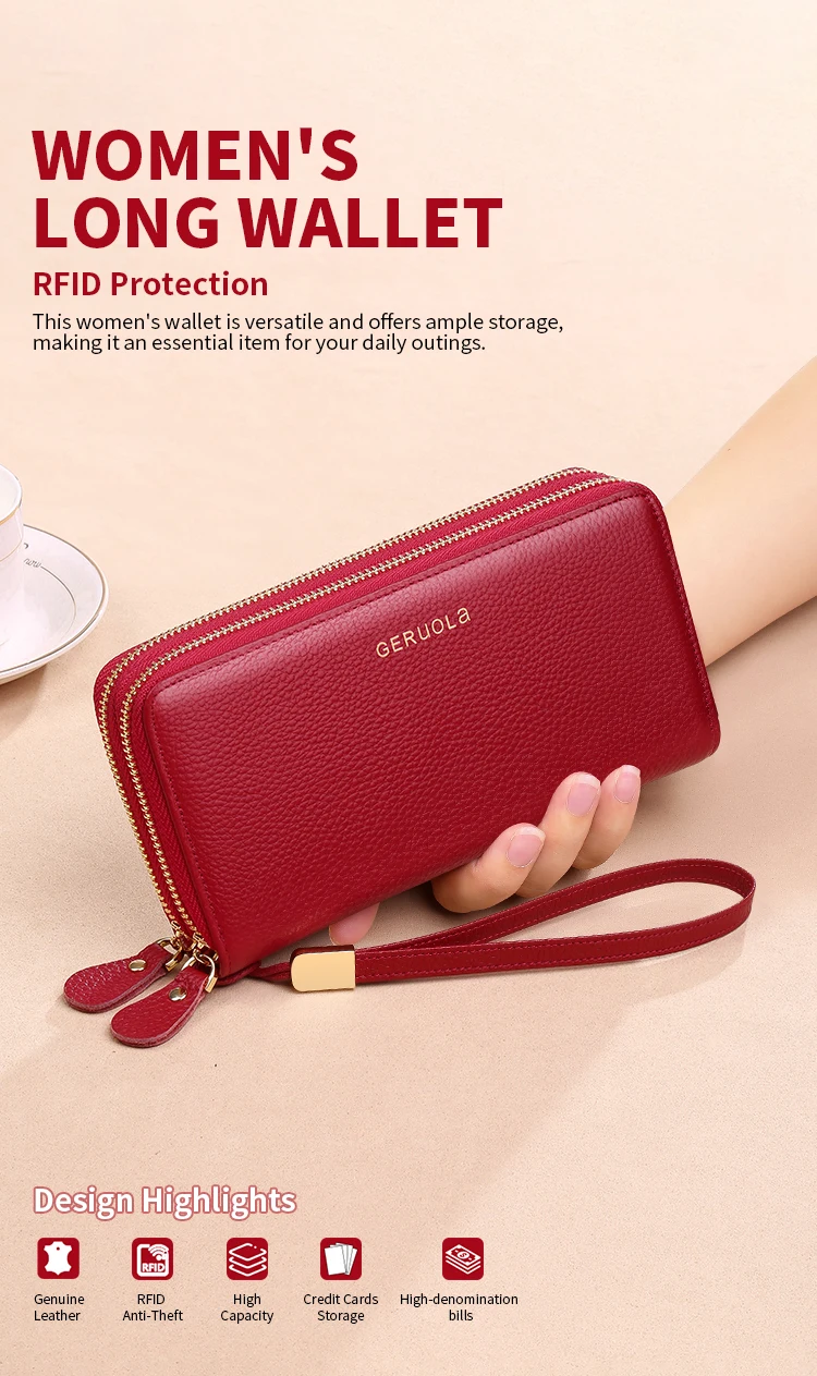 GERUOLA Genuine Leather Wallet with Wrist Strap - Anti-Theft RFID Blocking, Zippered Coin Pocket, Credit Card Slots & ID Holder