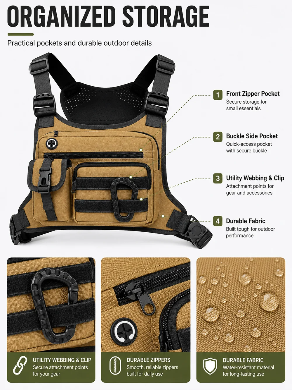 Tactical Chest Bag for Men EDC Anti-Theft Waterproof Chest Pack Sling Bag Cycling Running Outdoor Vest Crossbody Bag