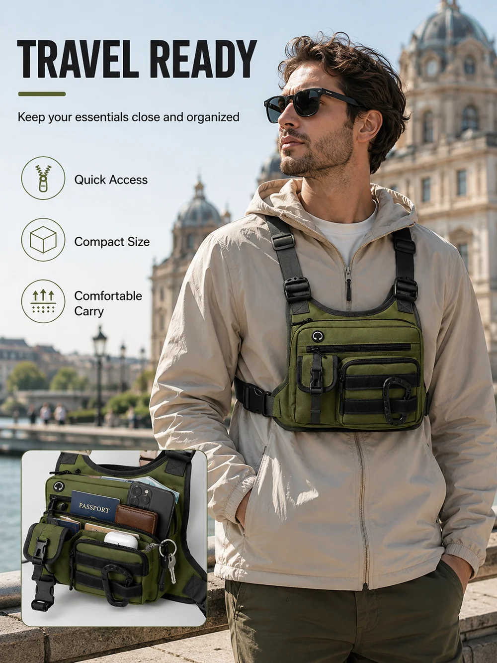 Tactical Chest Bag for Men EDC Anti-Theft Waterproof Chest Pack Sling Bag Cycling Running Outdoor Vest Crossbody Bag