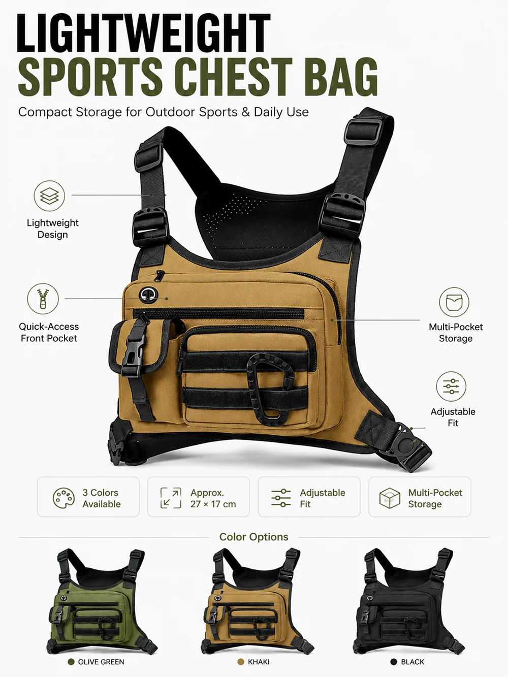 Tactical Chest Bag for Men EDC Anti-Theft Waterproof Chest Pack Sling Bag Cycling Running Outdoor Vest Crossbody Bag