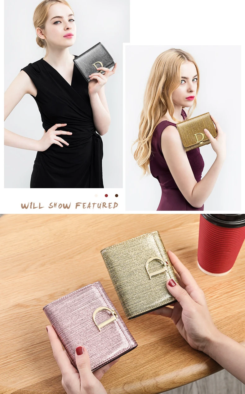 Bright Fashion Women Cowhide Leather Wallet Anti Rfid Card Holder Short Purse for Girl