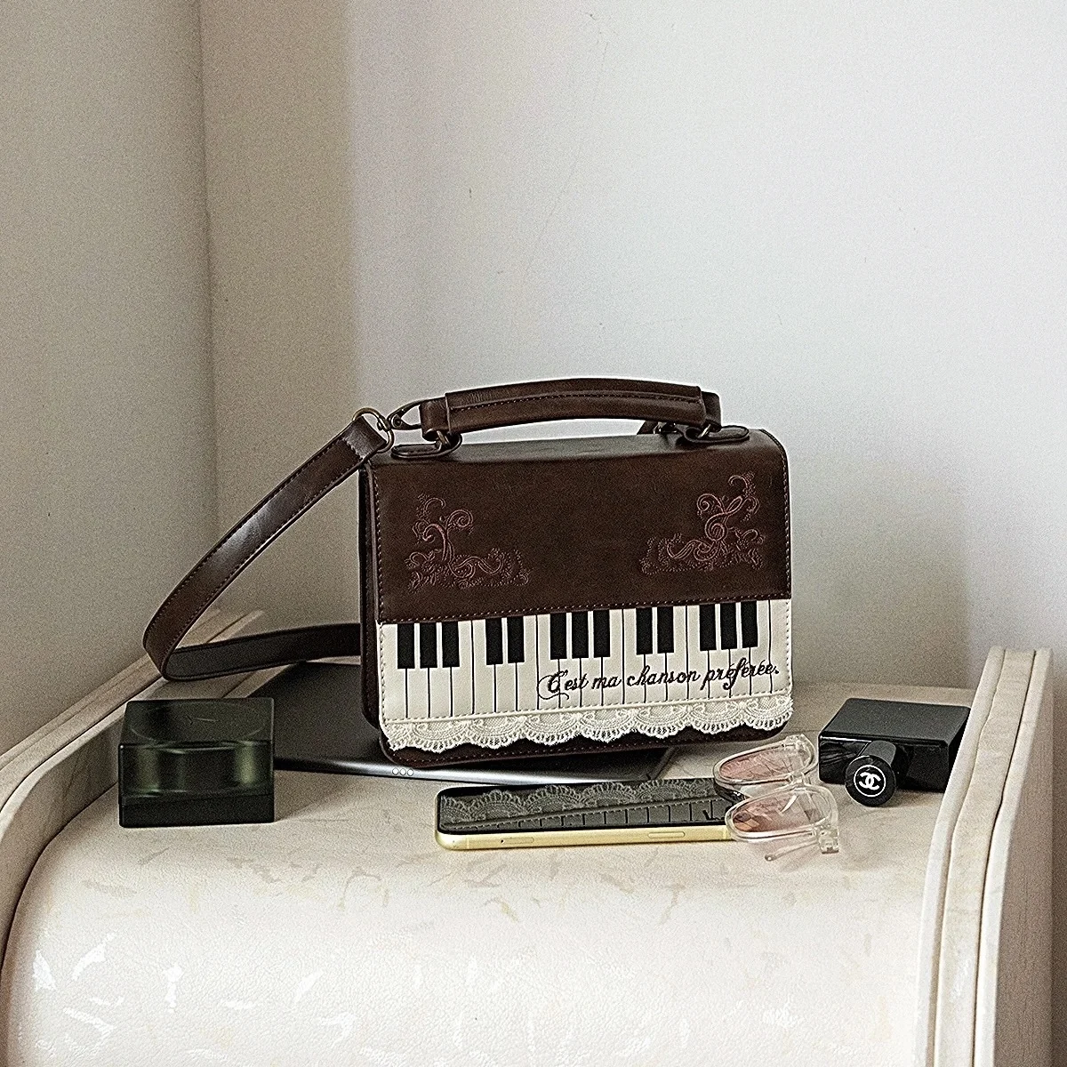 Piano Brown Square Messenger Bag Backpack Women Harajuku Vintage Handle Crossbody Bags Ladies Fairy Core Aesthetic Handbag 2025
