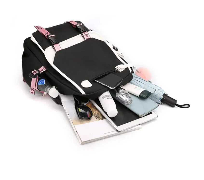 Pink Backpack Graphic Gold Printed Letter Flower A-Z Alphabet Shoulders Bag Teenage Fashion Girl Backpack High School Backpacks