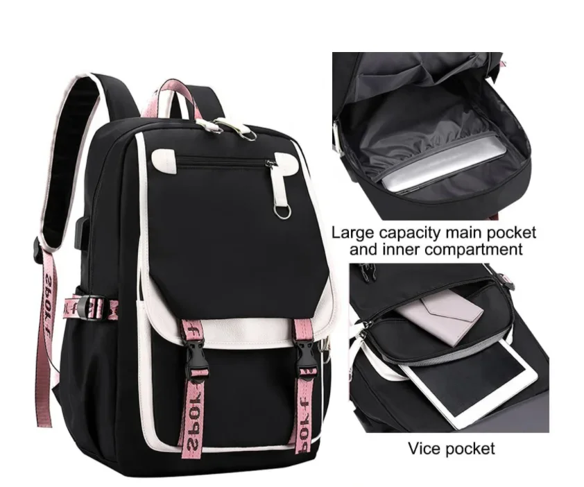 Pink Backpack Graphic Gold Printed Letter Flower A-Z Alphabet Shoulders Bag Teenage Fashion Girl Backpack High School Backpacks