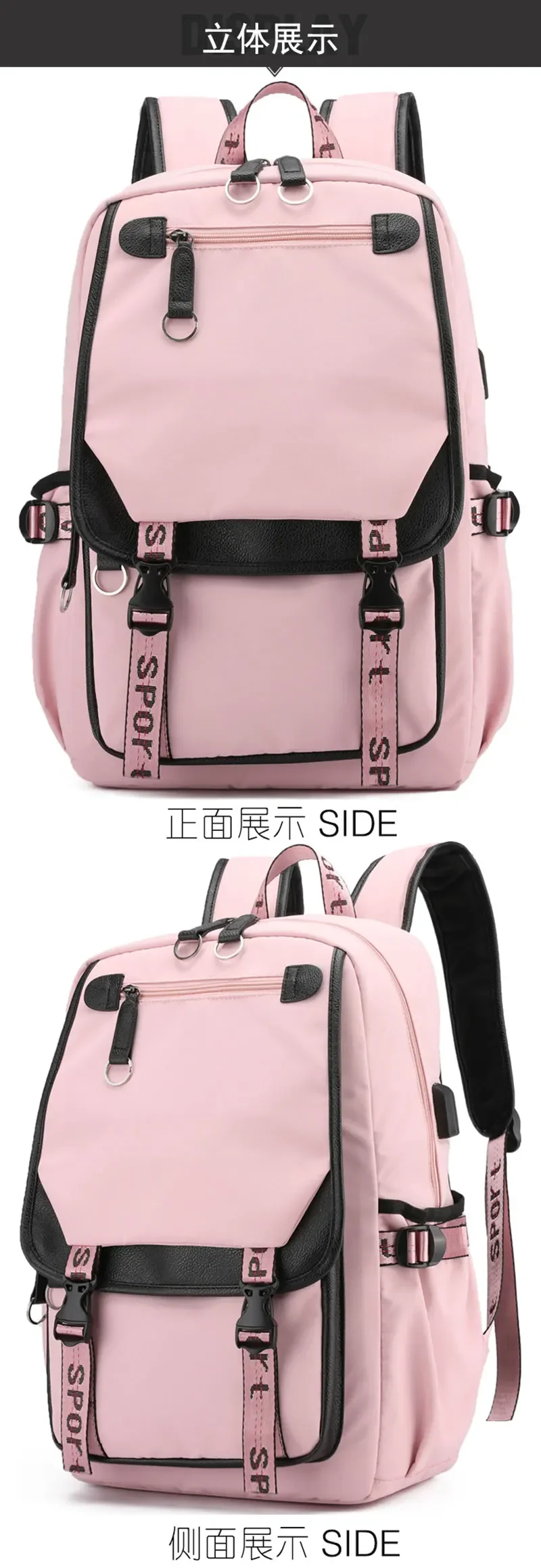 Pink Backpack Graphic Gold Printed Letter Flower A-Z Alphabet Shoulders Bag Teenage Fashion Girl Backpack High School Backpacks